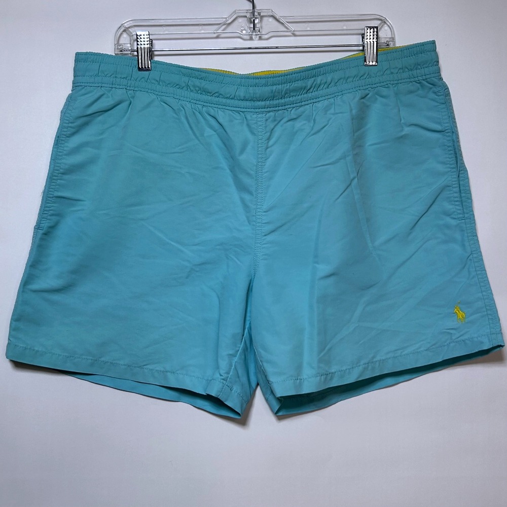Polo Ralph Lauren Swim Trunks Mens L Blue Aqua Yellow Pony Logo Preppy *no liner